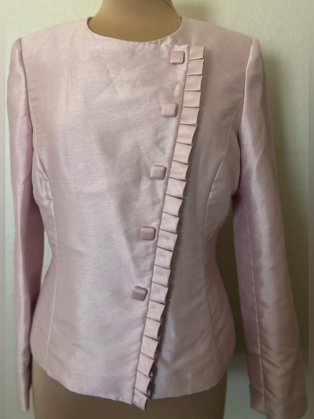 Tahari ASL Light Pink Ruffle-Trim Satin Blazer